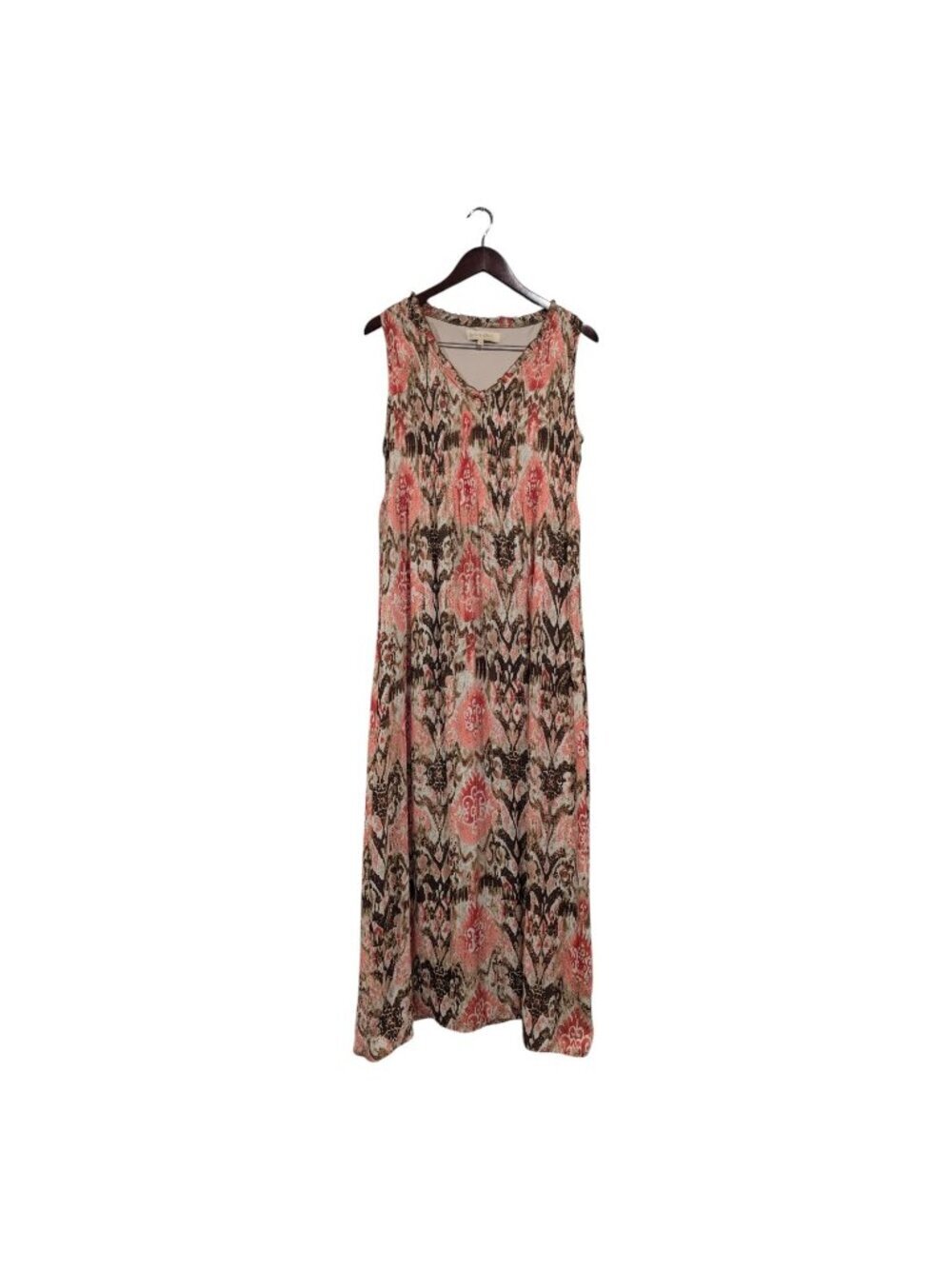 Isabella Bird Women Maxi Dress Sleeveless Ruffle Romantic Tan Peach Smocked Sz M